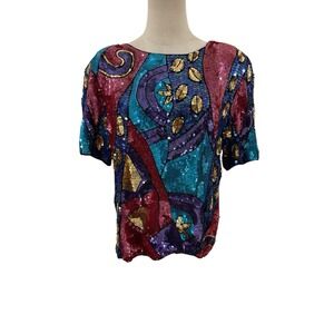 Vtg 80s 90s Joseph Le Bon Silk Sequin Top Colorful Party Art